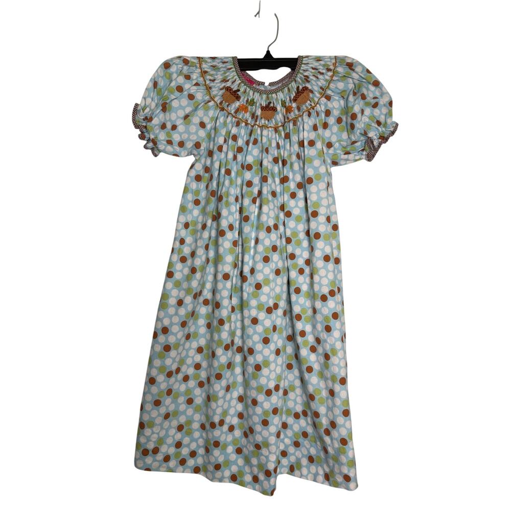 Claire & Charlie Smocked Dress Blue Green Brown Acorns Leaves Bishop Size 6X